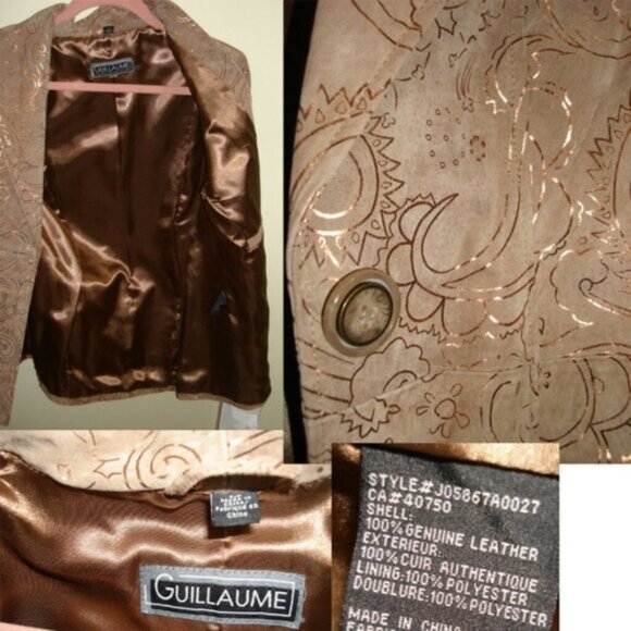 GUILLAUME NEW Leather Suede Jacket Blazer Paisley Metallic Print Pockets Coat S - Picture 4 of 10